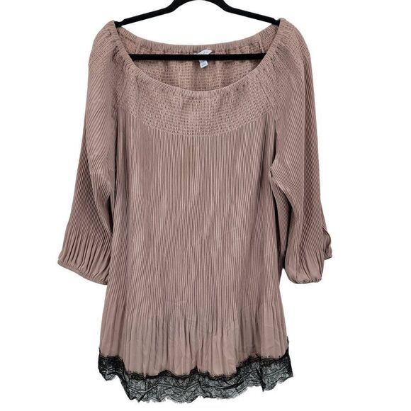 Boutique Blouse 3X Mauve Pink Accordion Pleat Peasant Smocked Black Lace Tunic - Picture 1 of 10